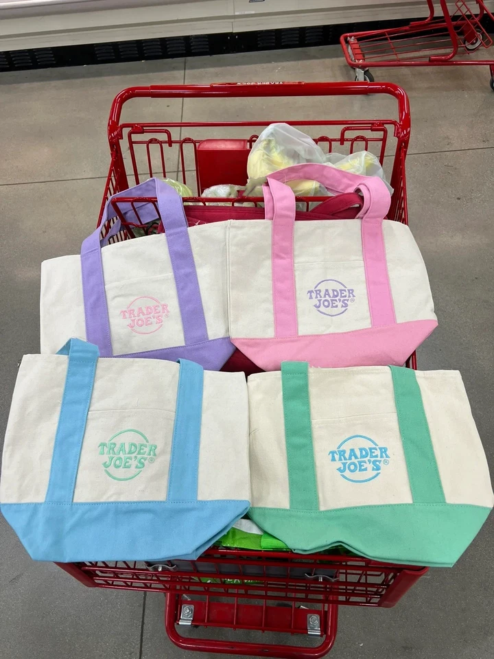 NEW TRADER JOE'S MINI PASTEL BAG TOTE LIMITED EDITION - PINK PURPLE BLUE GREEN - Image 1 of 4
