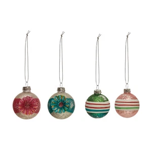 Set/4 1" Mercury Glass Retro Stripe Indent Ball Ornament Vntg Christmas Decor - Picture 1 of 1