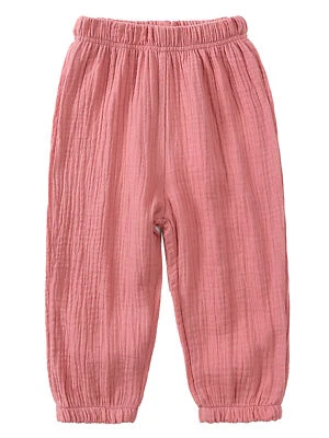 Kids Girls Boys Cotton Linen Casual Pant Solid Color Breathable Elastic Trousers - Image 1 of 4