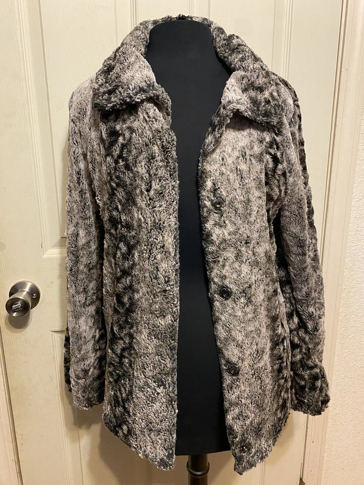 Casaco de pele sintética cinza com botões Sharon Young feminino tamanho médio aconchegante jaqueta extravagante - Imagem 1 de 4