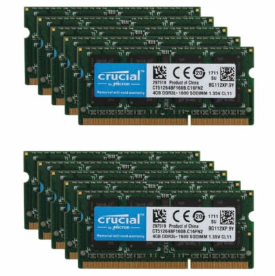 lot Crucial 16GB 8GB 4G PC3L 12800 DDR3L 1600MHz Laptop Memory SODIMM RAM 204PIN - Image 1 of 4