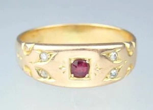 Fine Antique Victorian 18K 15K Gold Ruby Diamond 5-Stone Floral Scroll Ring 5.5 - Picture 1 of 17