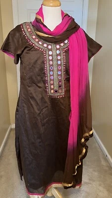 Women's Traditional Kurti Embroidery Beads Mirror Daily Wear Brown Pink Handmade - Image 1 of 4