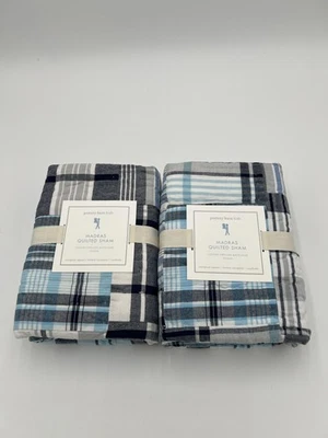 Pottery Barn Kids Madras Quilted Sham European Square Plaid Blue Gray New Set 2 - Image 1 of 4