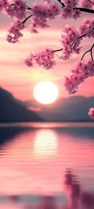 Japanese Pink Blossom Warm Sun Lake Wall Art Framed Canvas Picture 20x30" - Picture 1 of 1