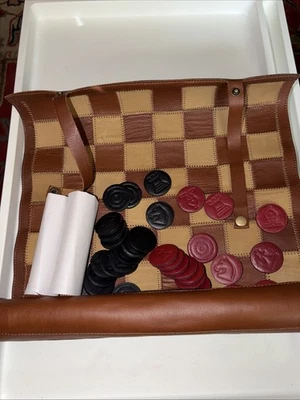 Checkers Game Leather Travel Set Roll Up Board Portable Case Leather Game Pieces - Image 1 of 2