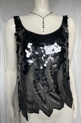 Vintage Silk Beaded Top Black Glam 80s Party 70s Disco Goth Evening Gatsby Med - Image 1 of 4