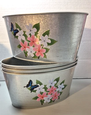 4 Greenbrier Galvanized Metal Flowers Butterfly Oval-Shaped Planter 8.5"x5"x4" - Image 1 of 4