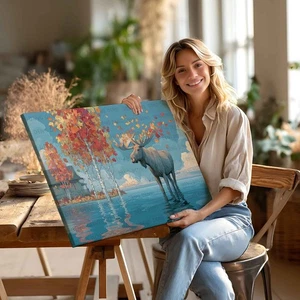 Arte de pared en lienzo de lago alce en otoño, impresión giclée de abedules, decoración rústica de cabaña - Imagen 1 de 11