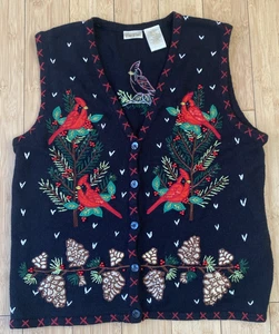 Bobbie Brooks Christmas Holiday Cardinal Beaded Vest Women's Large Pinecones - Picture 1 of 7