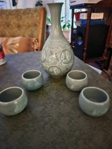 Vintage Koreanisch Crackled Celadon Sake Tee Set Künstler Signiert 5er Set - Bild 1 von 10