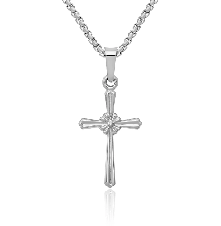 14K Solid White Gold Flower Cross Necklace - Image 1 of 1