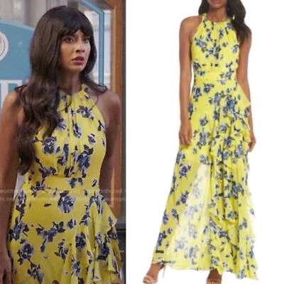 Maxi Vestido Eliza J Nuevo con Etiquetas Halter Volantes Talla 6 Sin Mangas Chifón Amarillo Azul Foto 1 de 4