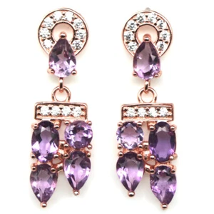 925 Sterling Silver 4 x 6 mm. Purple Amethyst & White Zircon Earrings - Picture 1 of 4
