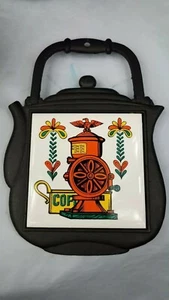 Vintage Cherry Cast Iron Framed Tile Trivet Colorful Coffee Grinder Japan - Picture 1 of 6