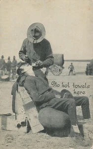 Antike Postkarte 1. Weltkrieg Humor Rasur "Keine heißen Handtücher hier" Chicago Daily News Armee - Bild 1 von 6