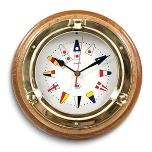 Oak Wood Lacquered Brass Porthole Quartz Clock w/Nautical Flags Dial - Picture 1 of 1