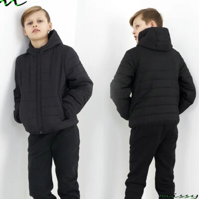 BOYS JACKET BOYS PLAIN BLACK HOODED ZIP PUFFER JACKET SIZES 7,8,9,10,11,12,13  - Image 1 of 3