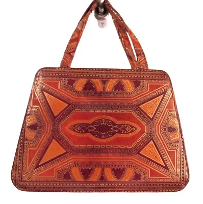 Bolso de mano vintage de cuero tooled detalles dorados dañado upcycle reutilizable sin marca Foto 1 de 4