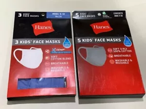 New 8 ct Hanes Kids Cloth Face Masks Washable Reusable Age 5-12 Gray & Blue - Picture 1 of 5