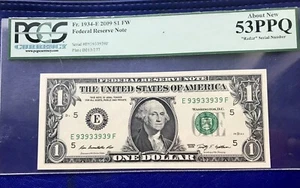 2009 $1 FRN ‘RICHMOND’Binomial RADAR NOTE “93933939 PCGS 53 PPQ. ABOUT NEW. - Picture 1 of 2
