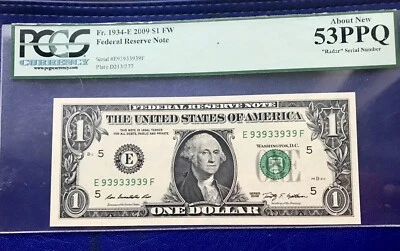 2009  $1 FRN ‘RICHMOND’Binomial RADAR NOTE “93933939 PCGS 53 PPQ. ABOUT NEW. - Image 1 of 2