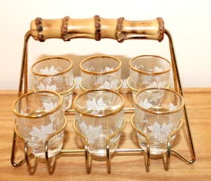 Vintage Barware 6 Shot Glasses Bamboo Handle Rack Frosted Leaf Marked on Bottom - Picture 1 of 3