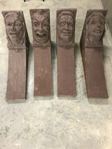 (4) Gothic English Tudor Antique Carved Beams Wood Heads Faces Corbels Salvage Cover