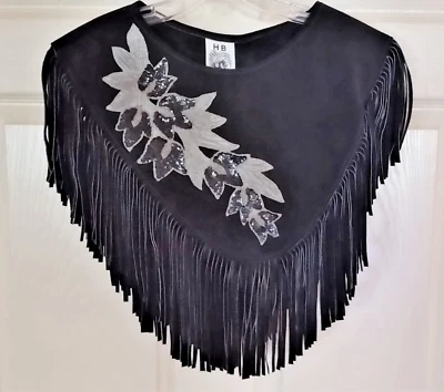 Poncho HB Cuero Mujer Western Negro Cuero Flecos Cuentas Lentejuelas Apliques EE. UU. Foto 1 de 4
