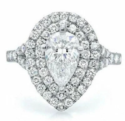 2CT Pear Cut White Lab-Created Diamond Halo Engagement Ring in 14k White Gold - Image 1 of 4