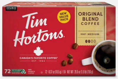 Tim Hortons Original Blend Medium Roast K-Cup Coffee Pods Keurig Brewers, 72 Ct
