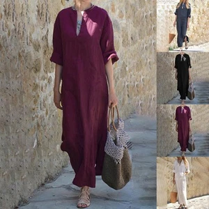 Wine Red Loose Fit Cotton Linen Maxi Dress Women's Plus Size Kaftan Dress - Picture 1 of 15