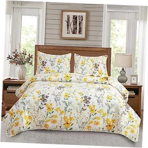  3-Piece Floral Quilt Set Size,Lightweight Spring Summer King Yellow Green - Picture 1 of 7