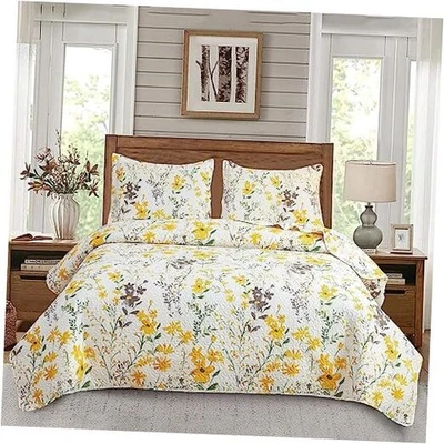  3-Piece Floral Quilt Set Size,Lightweight Spring Summer King Yellow Green - Image 1 of 4