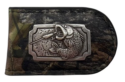 Bass Fishing Camo Genuine Leather Money Clip by Enmon-New in Tin - Image 1 of 4