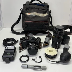 Nikon FE2 Black 35mm SLR Film Camera W/ Nikkor Lens 28mm 1:2.8 & Macro 80-200mm - Picture 1 of 20