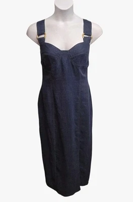 Vestido midi vintage Paul Alexander para mujer talla 12 azul lino abertura delantera Y2k  Foto 1 de 4