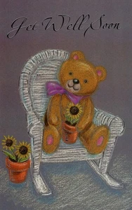 Get Well Soon Brown Teddy Bear Yellow Sunflower Sunflowers Greeting Card - Picture 1 of 3