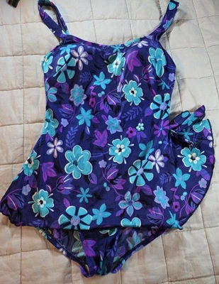 Traje de baño vintage Maxine of Hollywood de una pieza pin up azul púrpura falda años 90 Foto 1 de 4