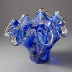 Large MURANO Art Glass Bowl Cobalt Blue Clear Handkerchief Italy Hand Blown Vtg - Picture 1 of 6