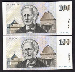 Australia R-609. (1985) Johnston/Fraser - 100 Dollars. aU-UNC - CONSEC Pair - Picture 1 of 2