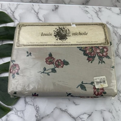 Louis Nichole Utica винтажный король резинке простыня новый серый красный цветочный 80-х коттедж - Изображение 1 из 4