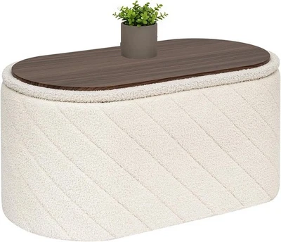 White Oval Storage Ottoman Bench 3-in-1 Seat Footrest with Hidden Storage - Image 1 of 4