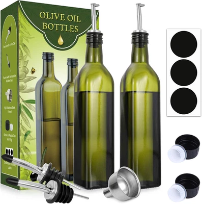 Glass Olive Oil Dispenser Bottle Set - 500Ml Dark Green Oil & Vinegar Cruet Bott - Image 1 of 4