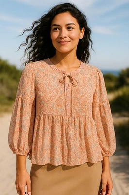 Blusa Cavalete Feminina Pequena Floral Botão Frente Camponesa Top Boho Coral Transparente  - Imagem 1 de 4