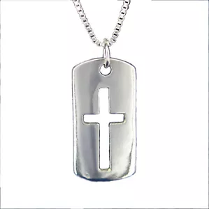 Dog Tag Style Open Cross Pendant & Chain in SOLID 925 Sterling Silver - NEW! - Picture 1 of 7