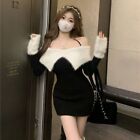 Solid Color Knitted Dress Long Sleeve Hanging Neck Dress  Club
