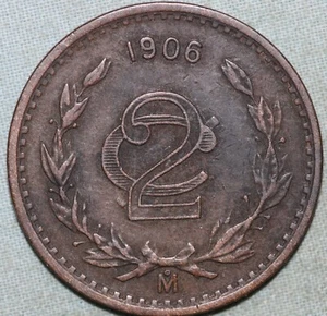 Mexico 1906 Bronzse 2 Centavos ~ Narrow Date ~ XF - Picture 1 of 2