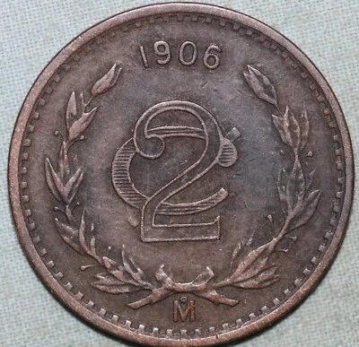 Mexico 1906 Bronzse 2 Centavos ~ Narrow Date  ~ XF - Image 1 of 2