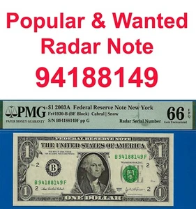 2003A $1 Federal Reserve Note PMG Gem 66EPQ cool radar serial number Fr 1930-B - Picture 1 of 3
